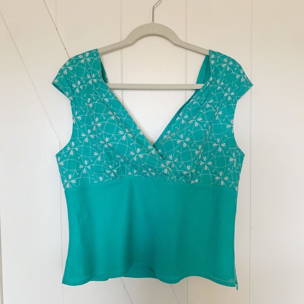 Nine West Weekend Sleeveless Teal Aqua Turquoise Eyelet Top Size 12 100% Cotton